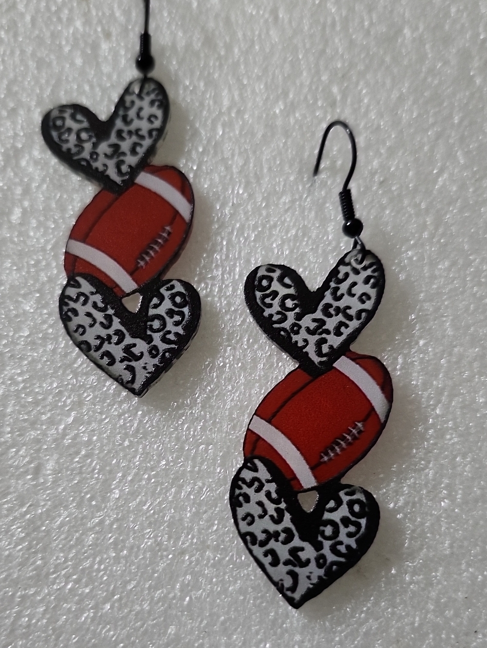 Hand Crafted Red, Black & White Football Heart Drop Earrings